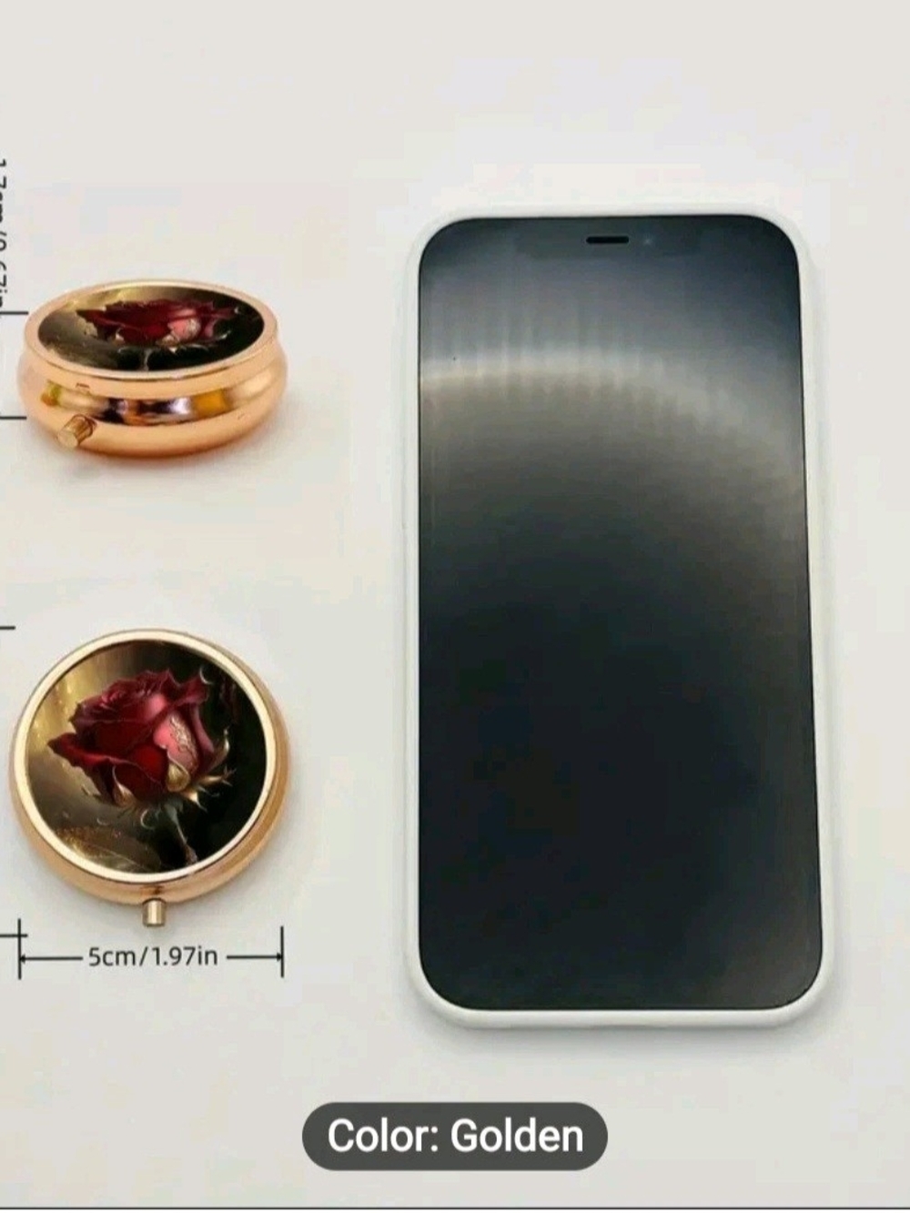 Elegant Rose Gold Case W/Red Rose Personal Pill Box W/3 Compartments & Mirror. - Picture 7 of 8